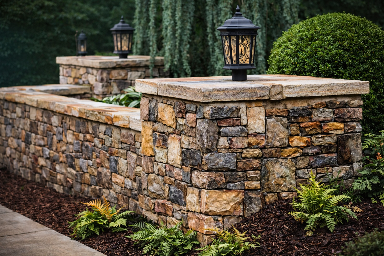 A stone brick wall with three black lanterns on top of the wall, set in a landscaped garden with bushes, plants, and mulch.