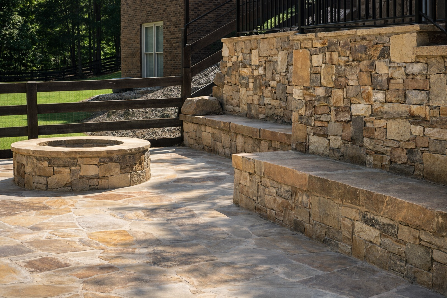 Stone patio with a round stone fire pit, stone wall, and steps leading up to a brick building.