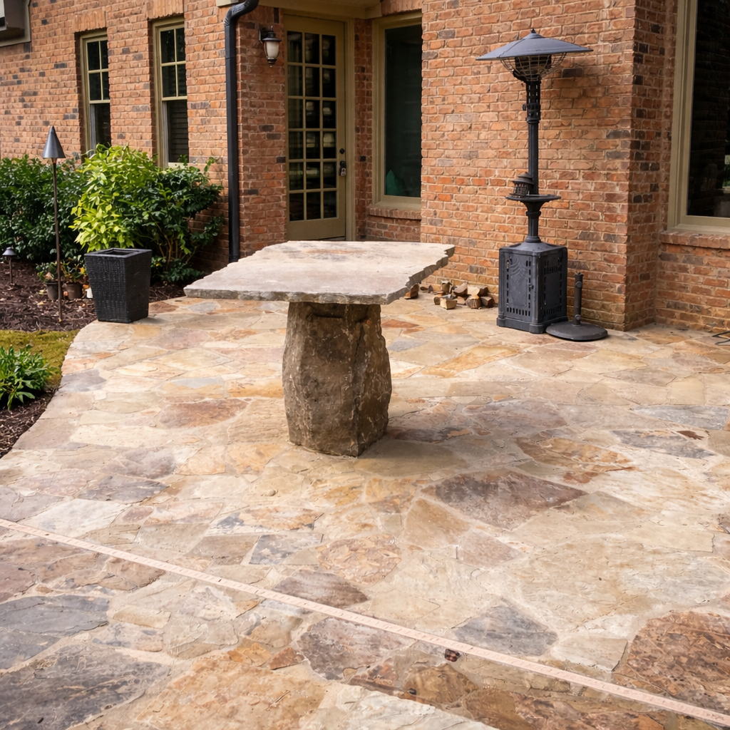 A stone patio in front of a brick house with outdoor decor including a stone table, a black outdoor heater, a potted plant, and a garden area with a torch.