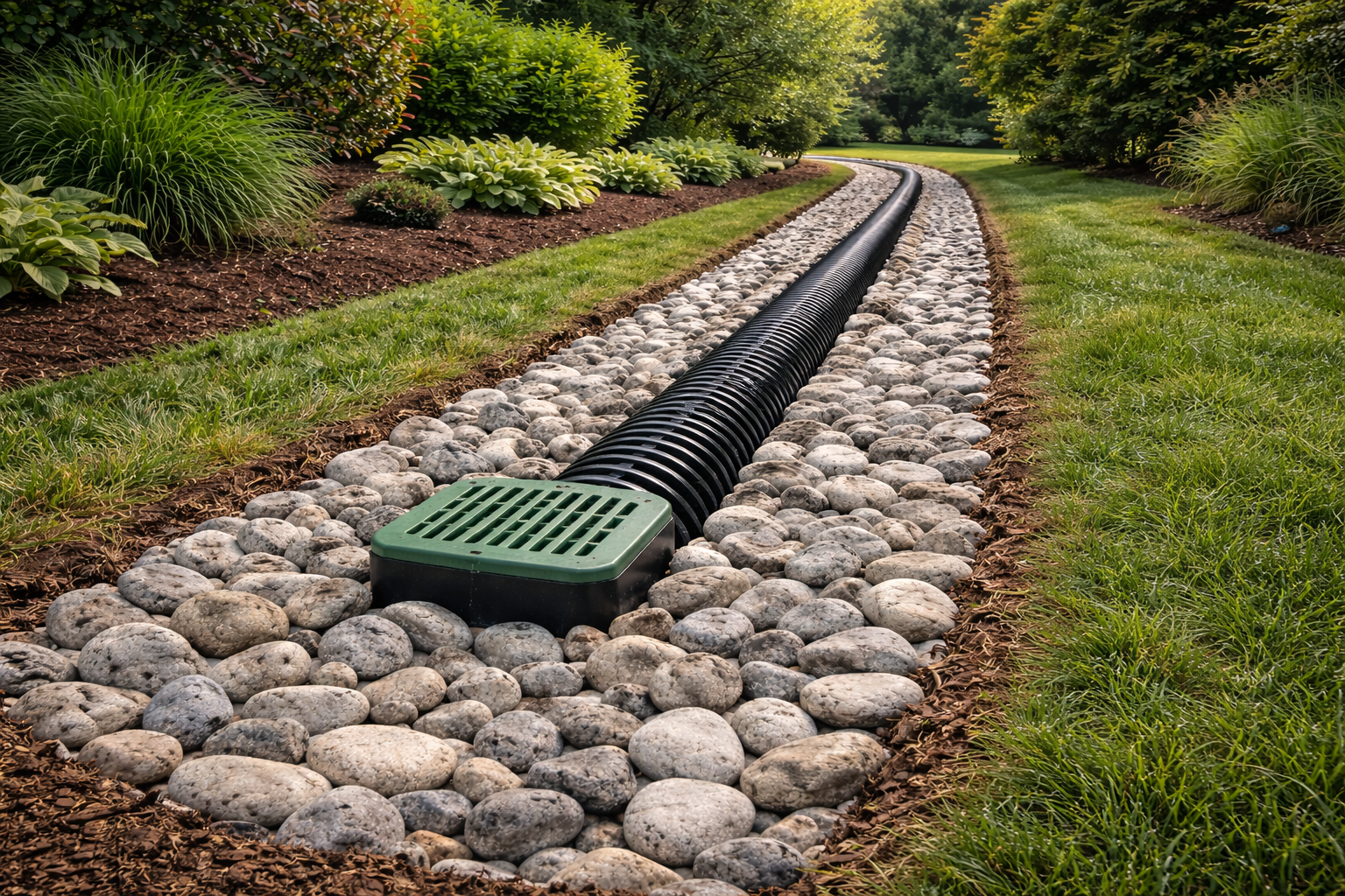 Drainage system with a black corrugated pipe installed in a bed of white rocks along a landscaped garden path.