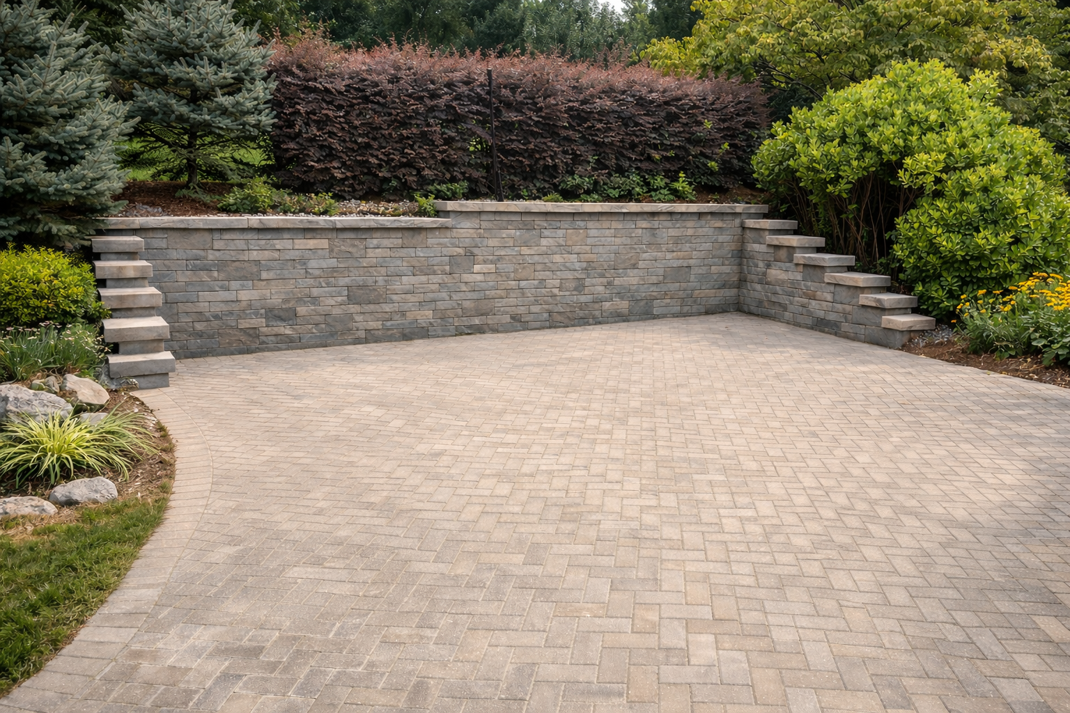 A landscaped backyard with a brick patio, stone retaining wall, and lush green shrubs and trees.