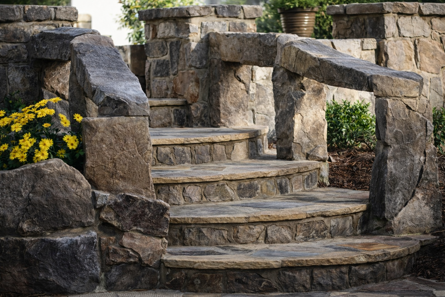 Stone outdoor stairs with curved steps, a stone railing, and surrounding yellow flowers and greenery.