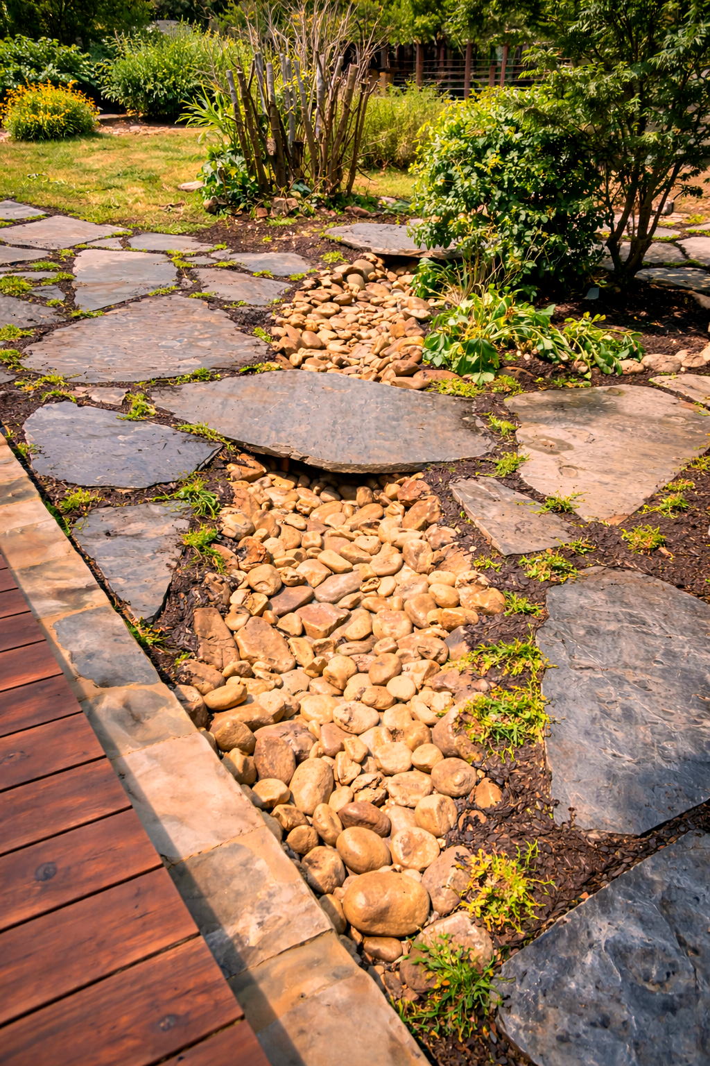 A stone pathway with large flat stones and a narrow strip of small pebbles, bordered by plants and shrubs in a garden.