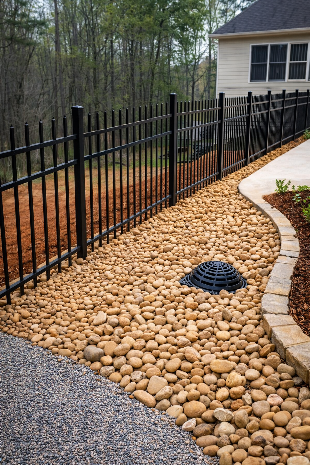 View of a backyard with a black metal fence, a gravel pathway, a flower bed with mulch and plants, a concrete patio, and a house with beige siding, surrounded by trees.