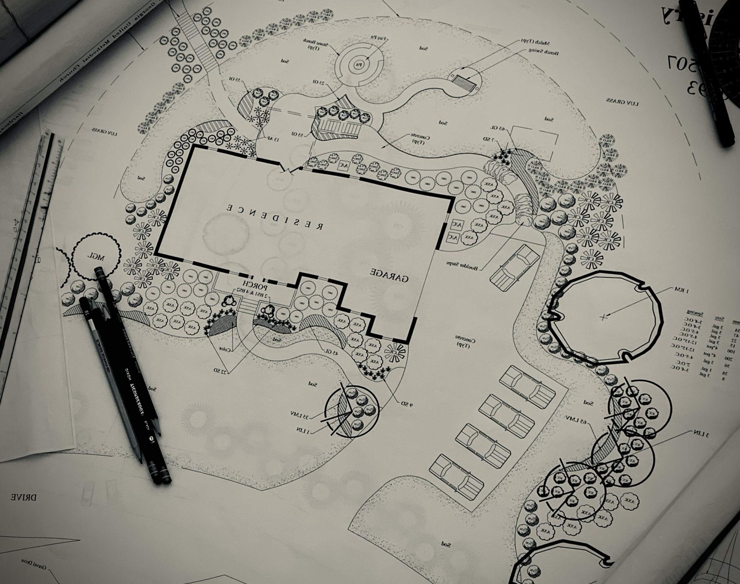 A landscape architectural plan showing a residence, garage, seating area, riparian zones, and various trees and plants, with construction tools and pens resting on the plan.