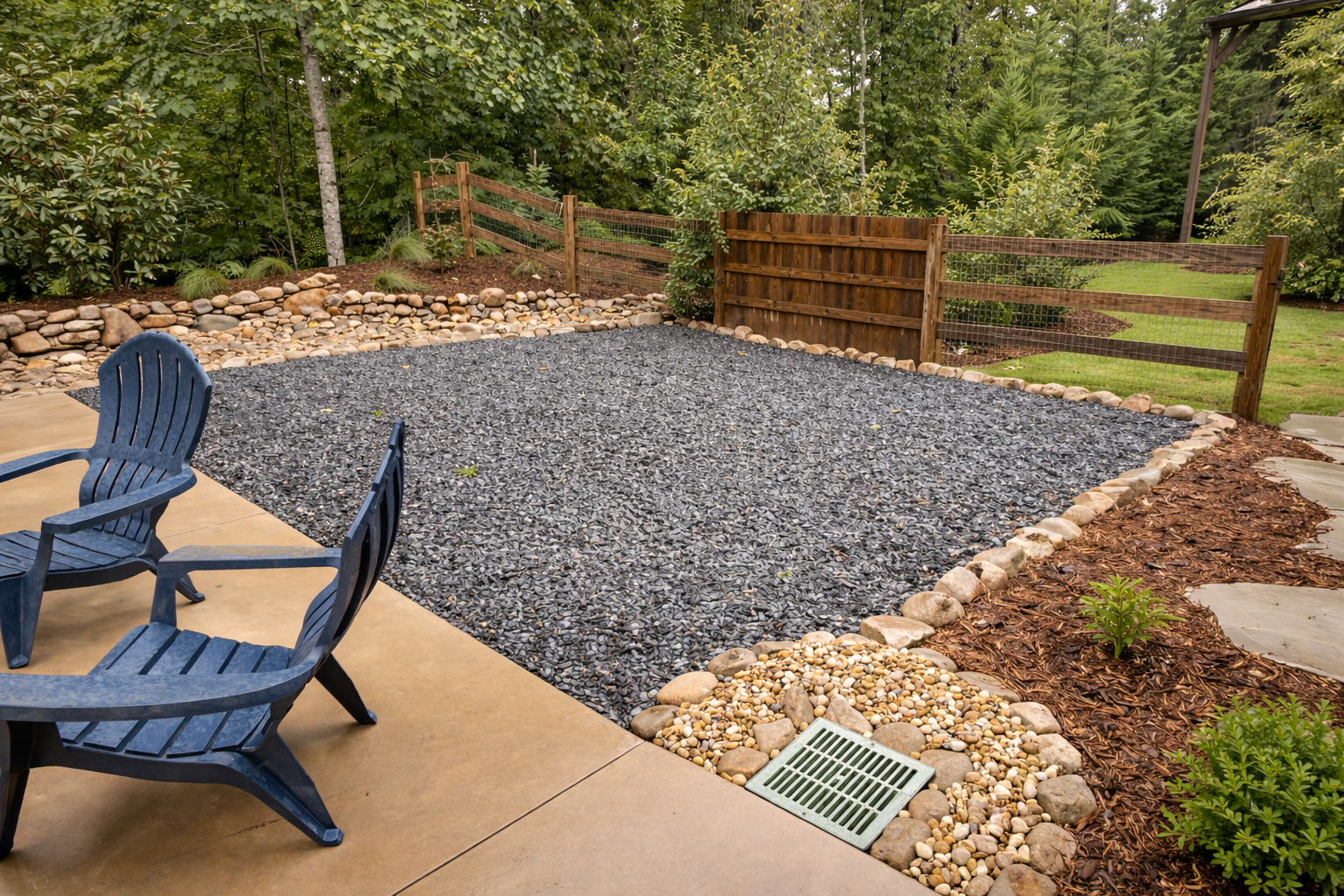 A backyard patio with a gravel area, surrounded by a border of rocks, and two blue lawn chairs on a concrete slab. There is a vent cover on the ground near the gravel, with a mulch bed and small plants to the right, and plastic fencing along a wooded background.