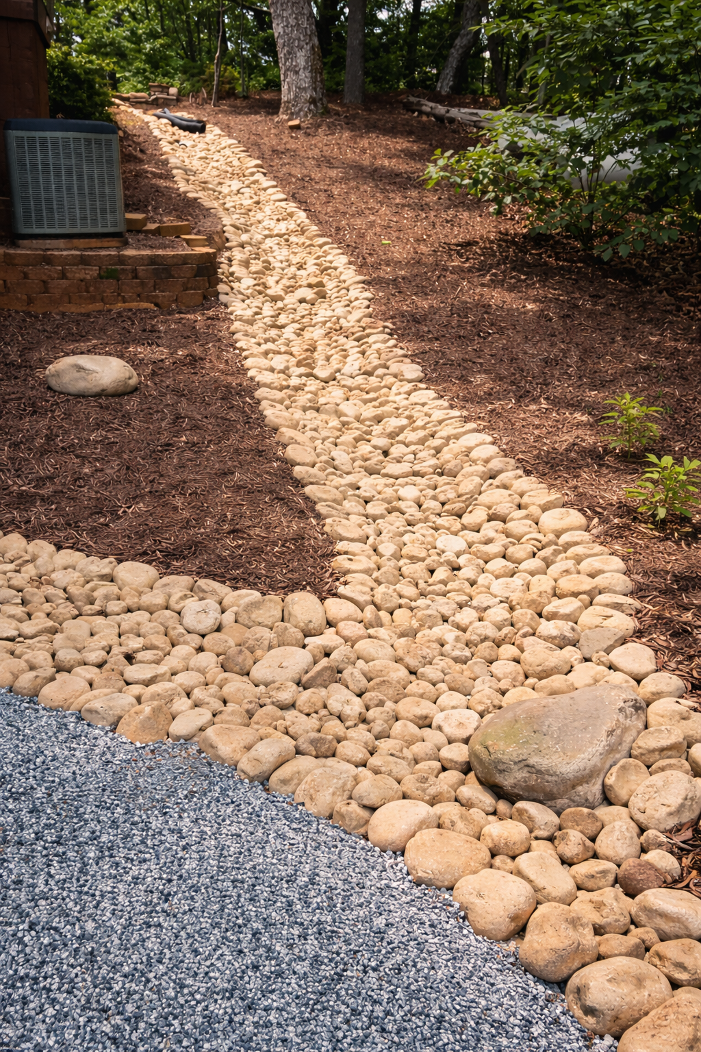 A pathway made of light-colored pebbles running through a landscaped garden with brown mulch, green bushes, and trees.