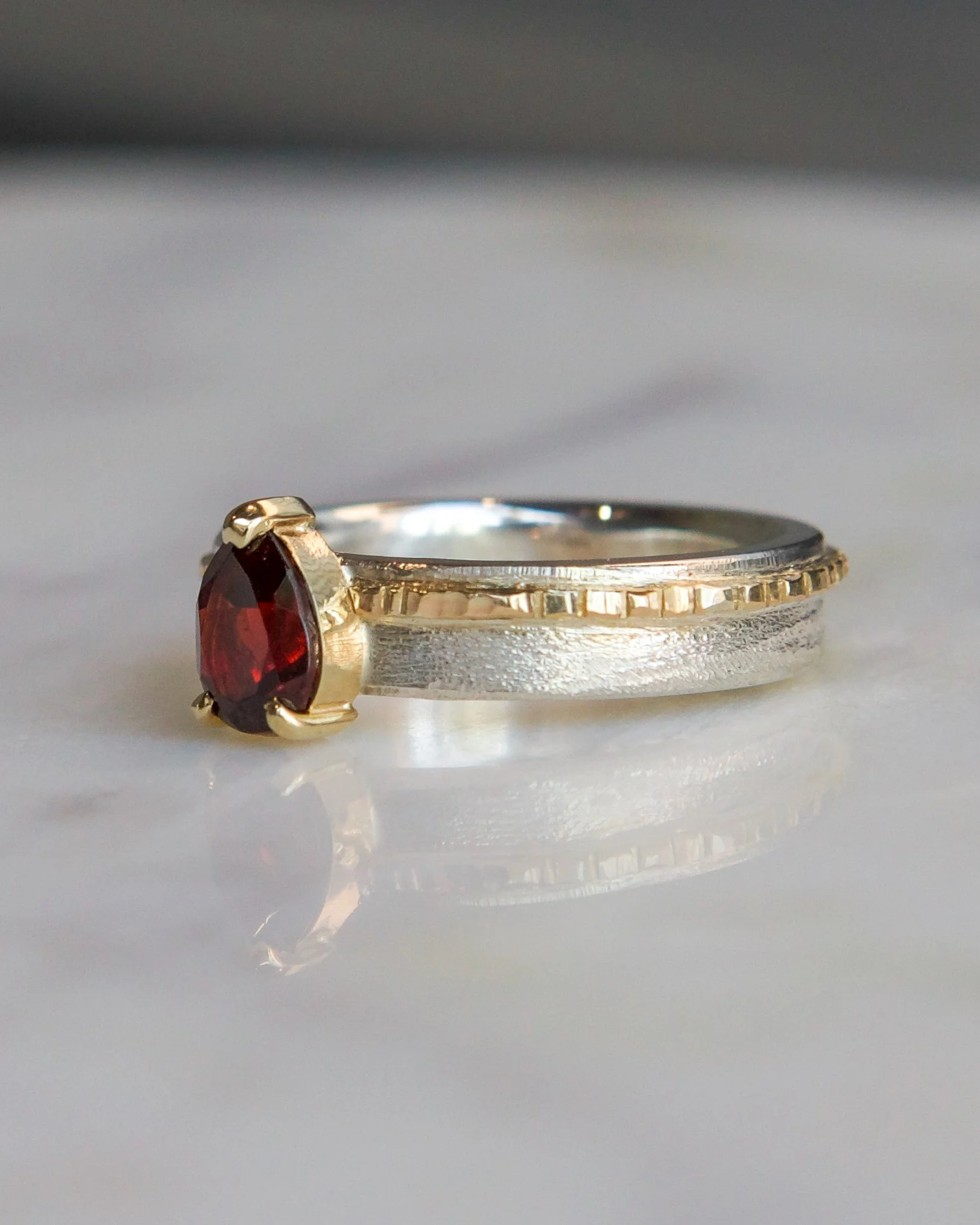 Pear Garnet Mixed Metal Ring