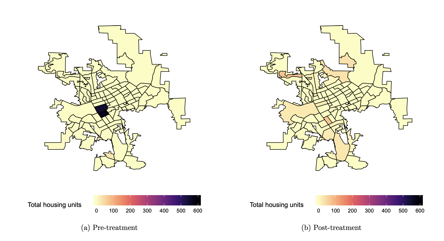 In Escondido, CA, the spatial distribution of new housing approved for construction went from being concentrated in one neighborhood before the reform to being spread equitably across the city afterward.