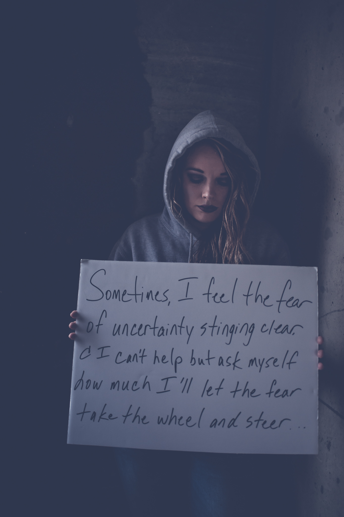 The fear stings, the anxiety crushes, and we let go and let the fear drive… words are from the song Drive by Incubus
