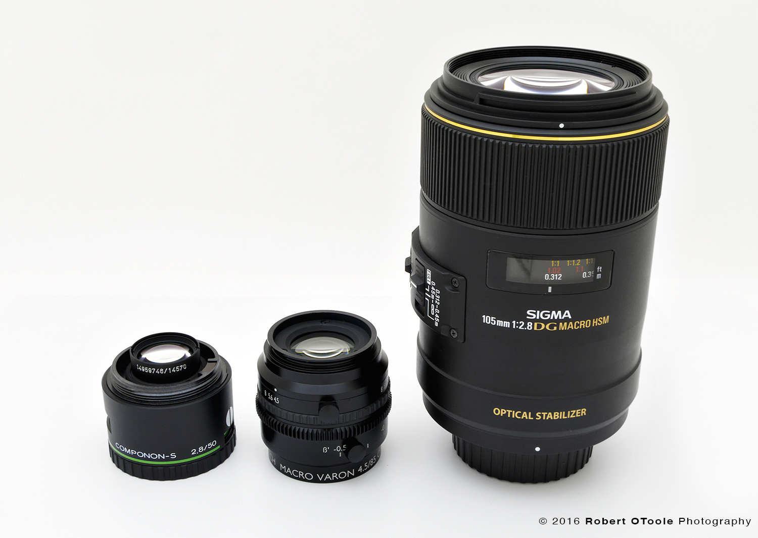 Schneider Componon-S, 50mm enlarging lens, Macro Varon, and Sigma 105mm OS Macro lens on the right.
