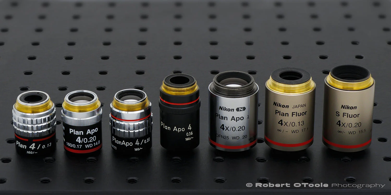 L-R, Nikon CFN Plan Knurled chrome ring 0.13 4x, Nikon PlanAPO 4x finite 2013 vintage, Knurled chrome ring 4X Plan APO, Black Plan APO 4x, Nano crystal Plan APO 4x, The Nikon CFI Plan Fluor 4X, and the Super Fluor 4X/0.20.