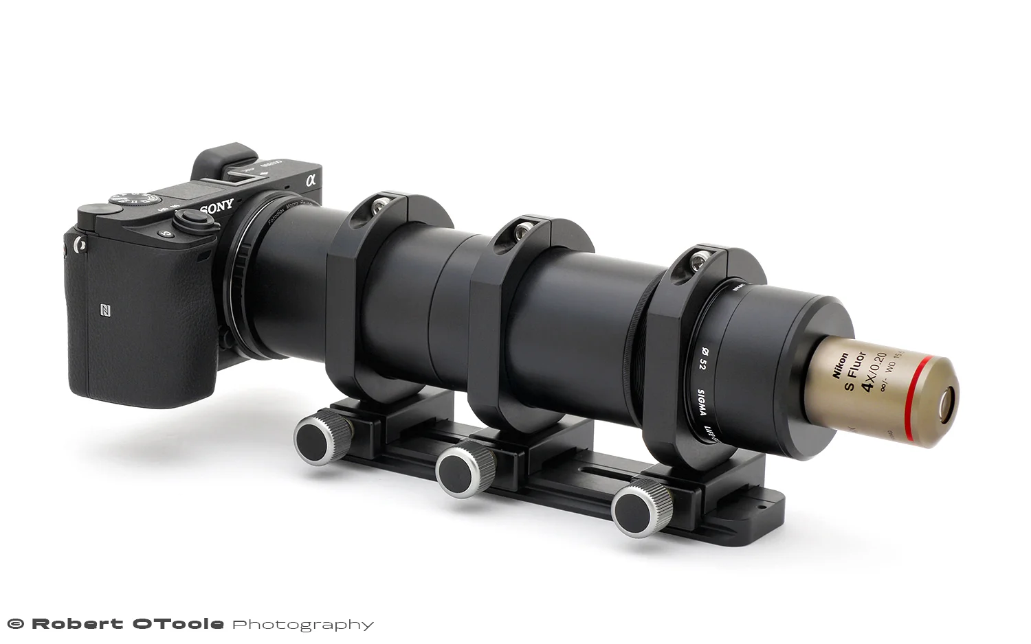 The Nikon Super Fluor 4X objective studio set-up with Sony A6300 body, and Sigma tube lens.
