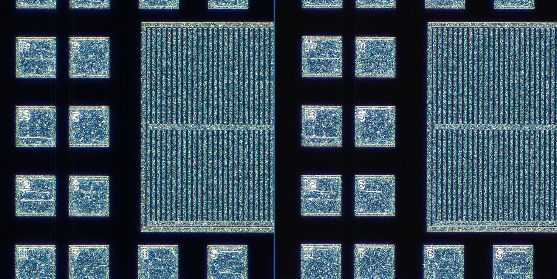 100% actual pixel center crop with the Nikon Measuring Microscope 5x on the left and the 5xA on the right. Click on the image to see the full size version in a new window.