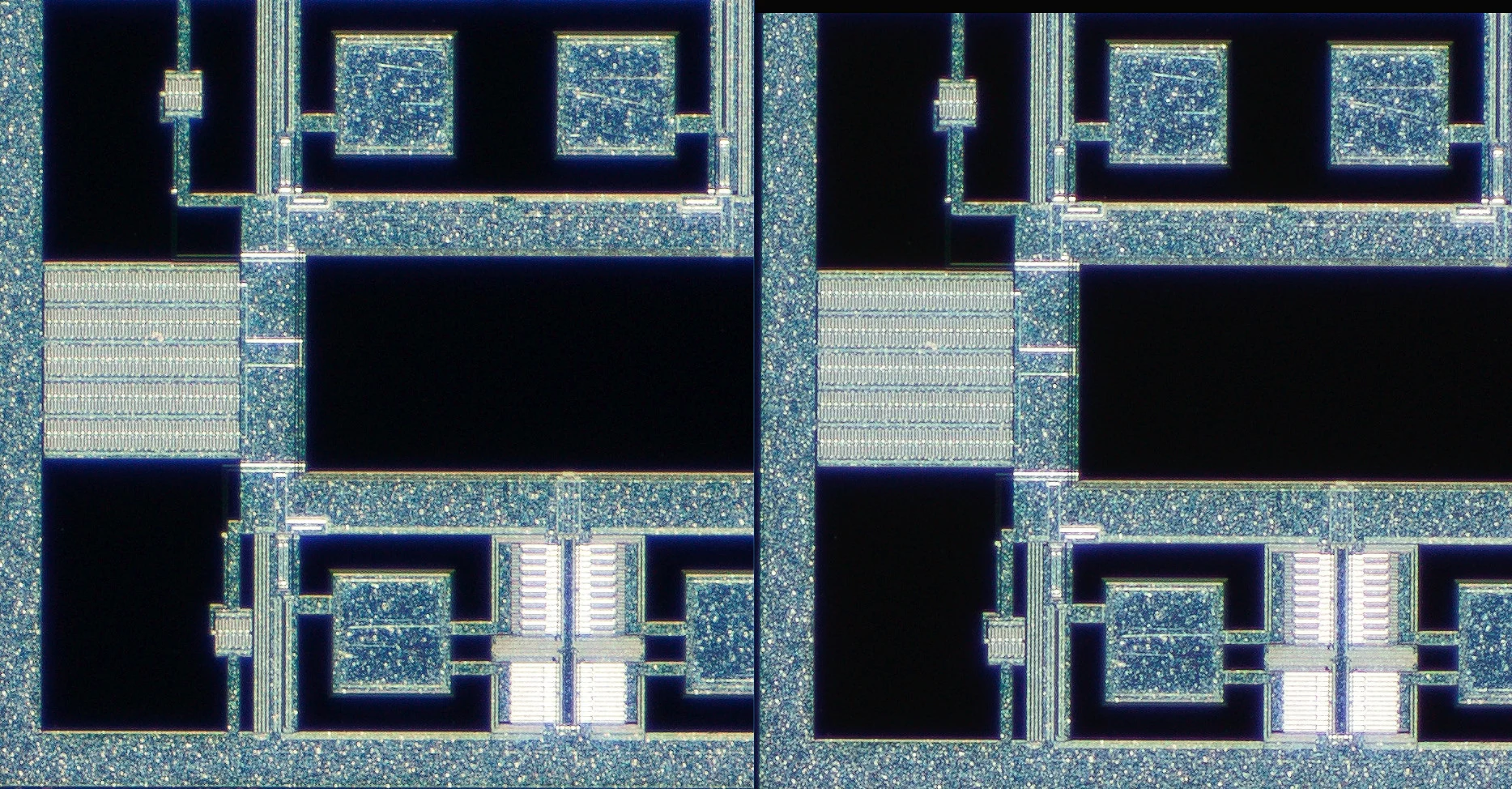 100% actual pixel off center crop with the Nikon Measuring Microscope 5x on the left and the 5xA on the right. Click on the image to see the full size version in a new window.