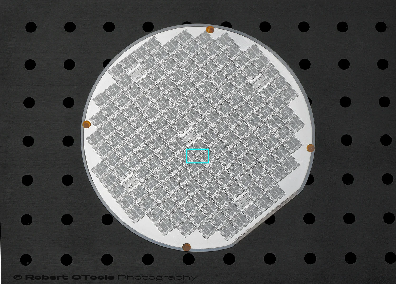 Vintage silicon wafer with the 1.2x magnification area marked in blue.