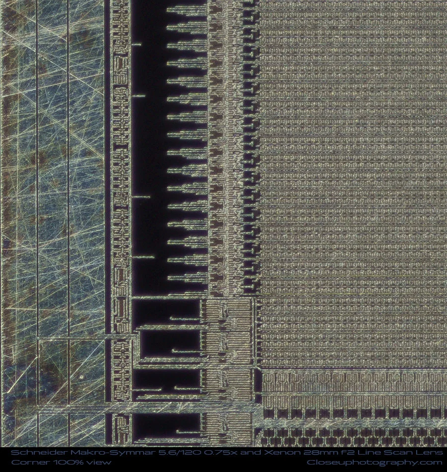 Schneider Makro-Symmar 120mm f5.9 + Xenon 28mm f2 stack 100% View Corner Crop at 4x