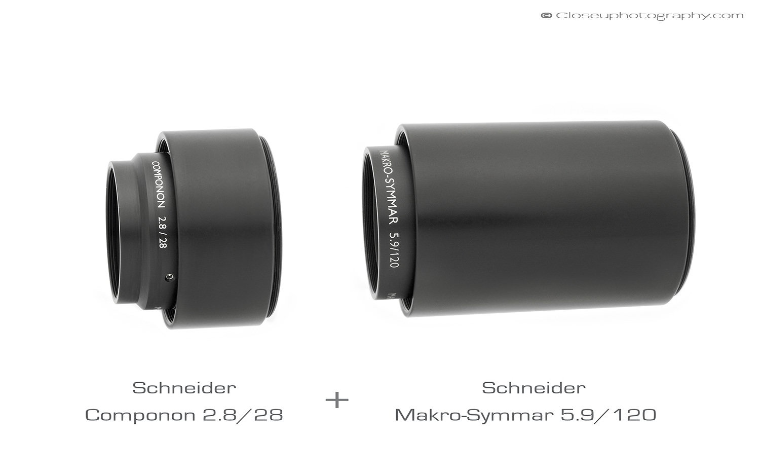 Schneider Componon 2.8/28 reversed and Schneider Makro-Symmar 5.6/120. The 2.8/28 hood is mounted on the rear of the lens.