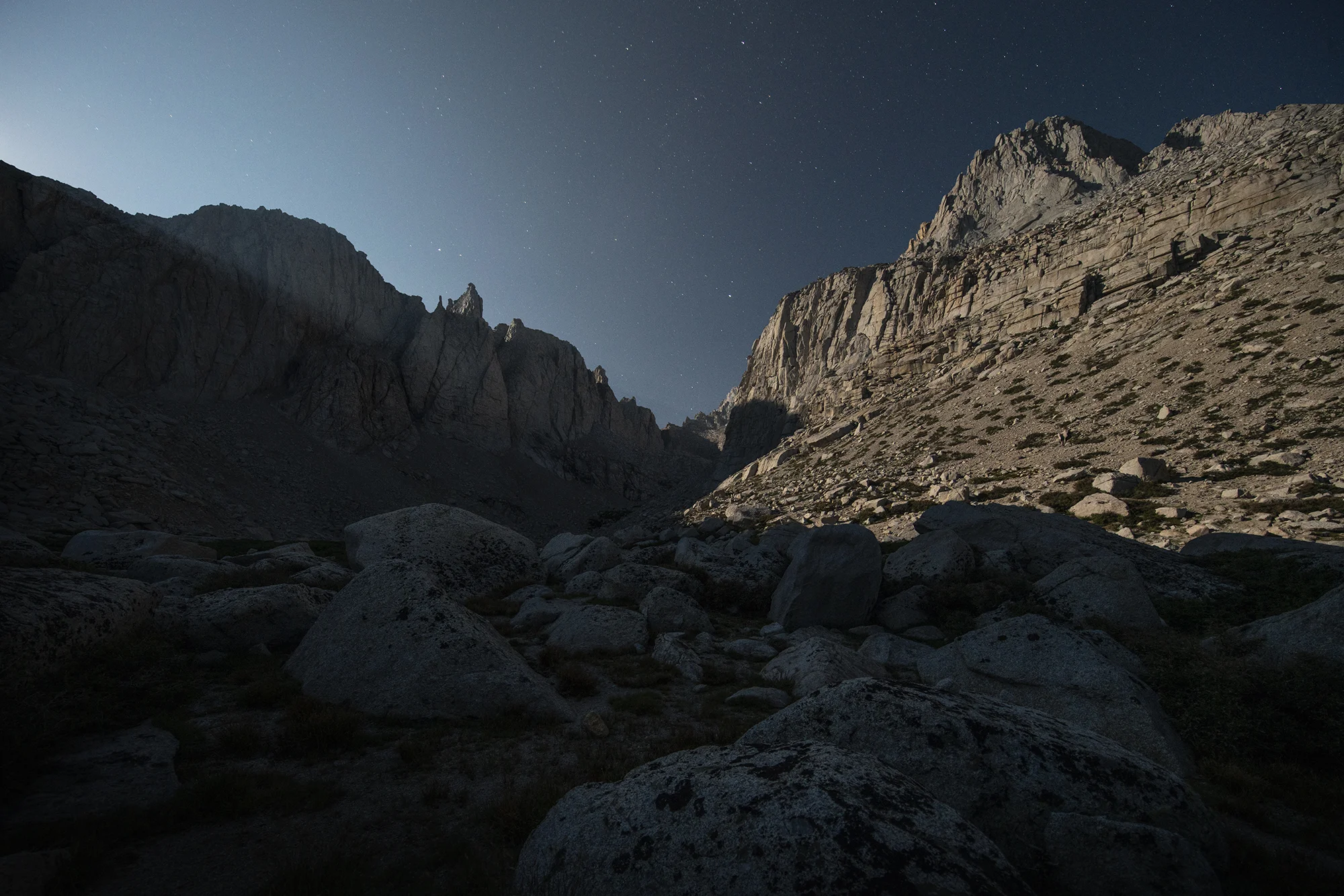 The view from our tent at 3AM. The moon was casting beautiful light rays that pierced through the rocky peaks.