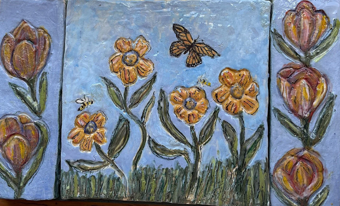 Chasing Butterflies ..  a small high fired ceramic tile mural