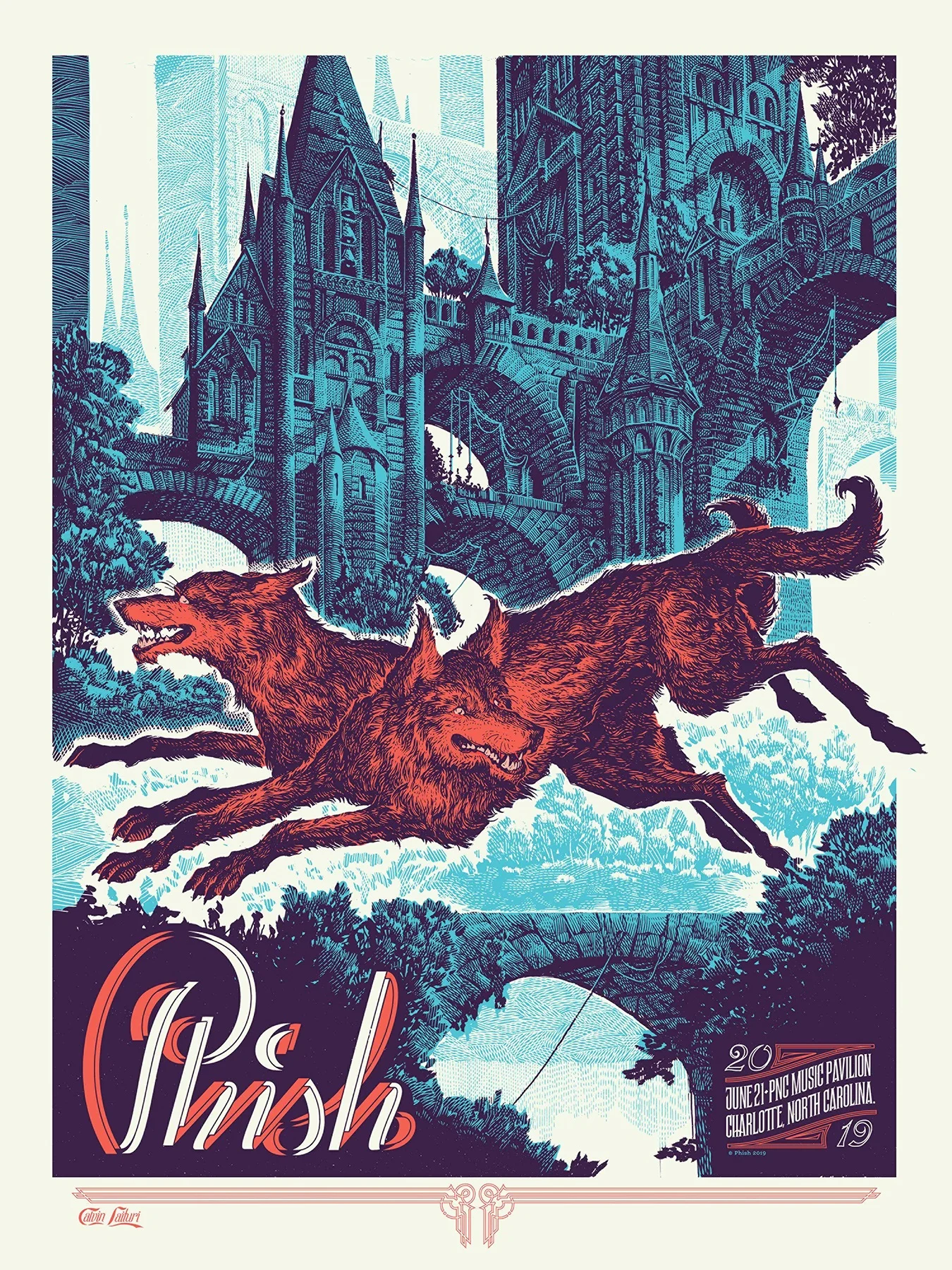 As Phish begins their summer tour - I had the opportunity to design a gig poster for the show in Charlotte, North Carolina. Inspired by the beautiful artifacts of Richardsonian-romanesque architecture found up and down the East Coast. I imagined these two hounds to be the harbingers of light and sun, marking the solstice date for the show. Dan Black of Landland, and I printed these in St. Paul, Minnesota. The edition size was 850 - printed 3 colors on cougar natural at 18”x24”.