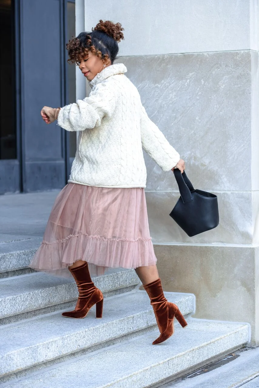 Outfit Deets! Sweater: Tj Maxx Bucket bag + Earrings: Target Skirt + Booties: Forever21 Watch: Jord of course!