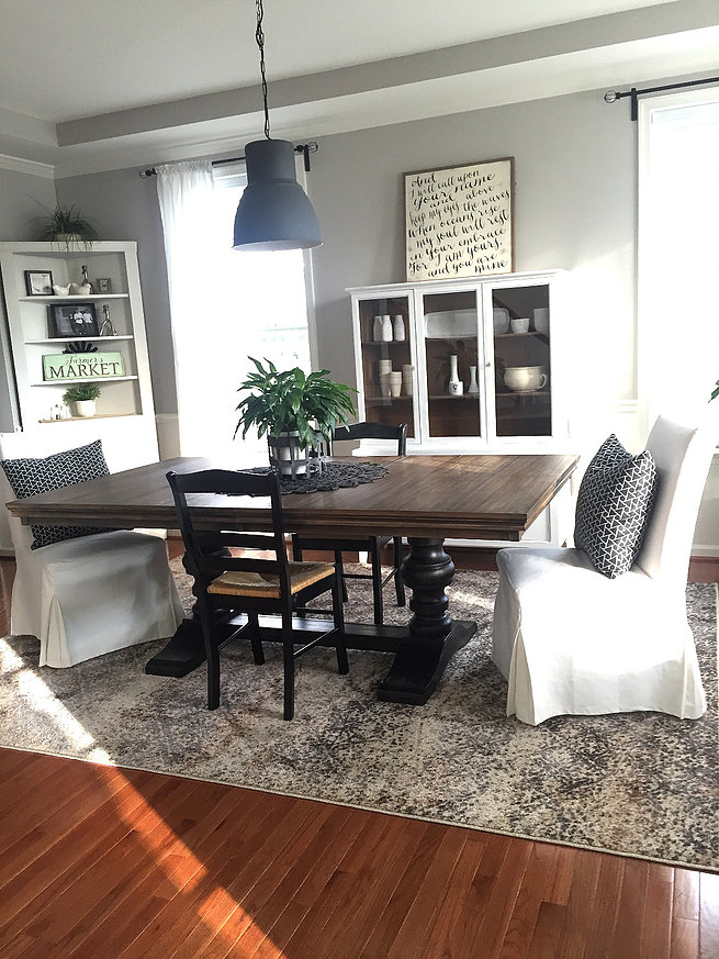 Rug: @Homegoods; Table: @Ashleyfurniture; White chairs and Pendant: @Ikea