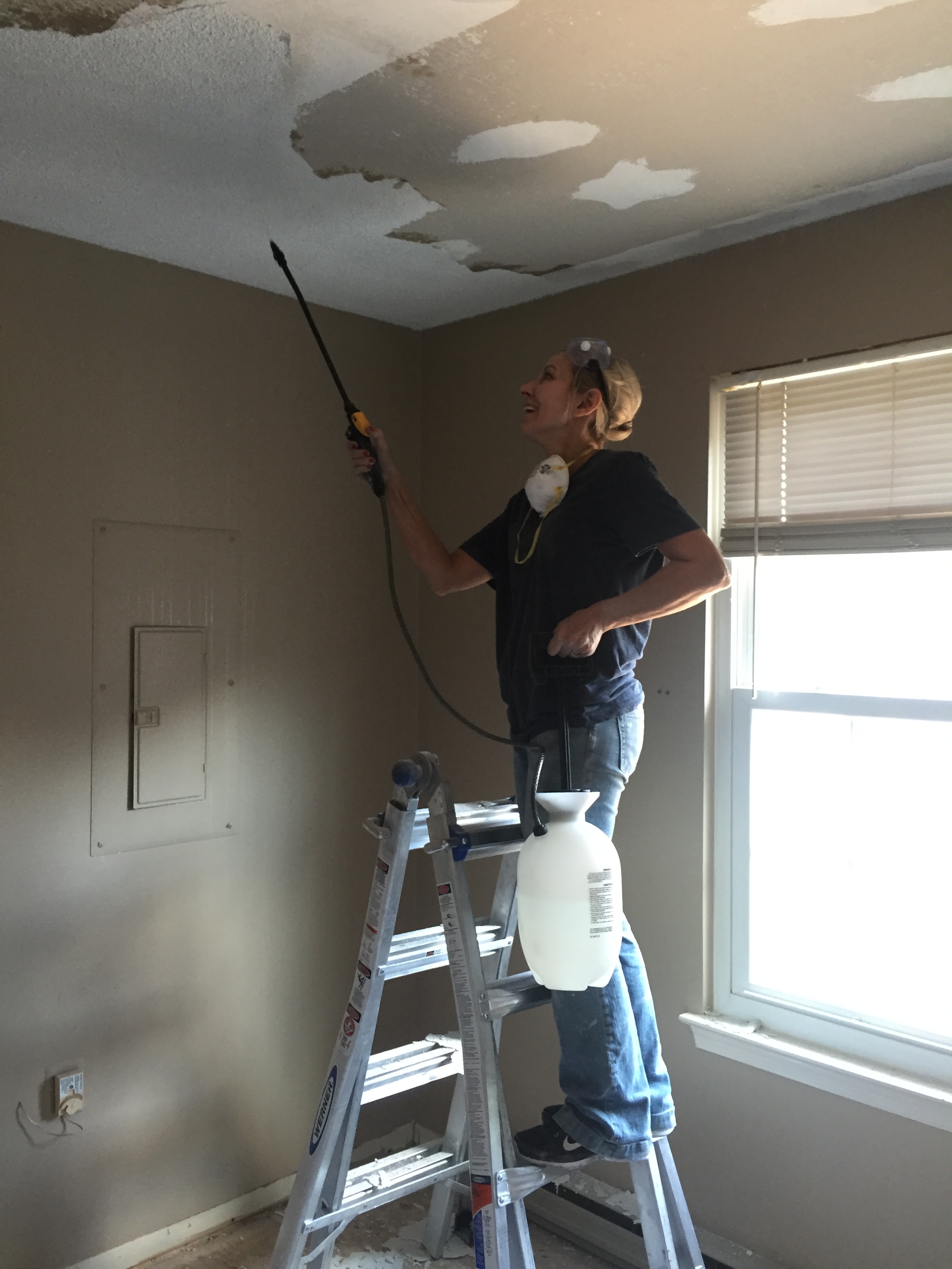 Removed popcorn ceilings. A face mask and grubby clothes are a definite necessity! :-)