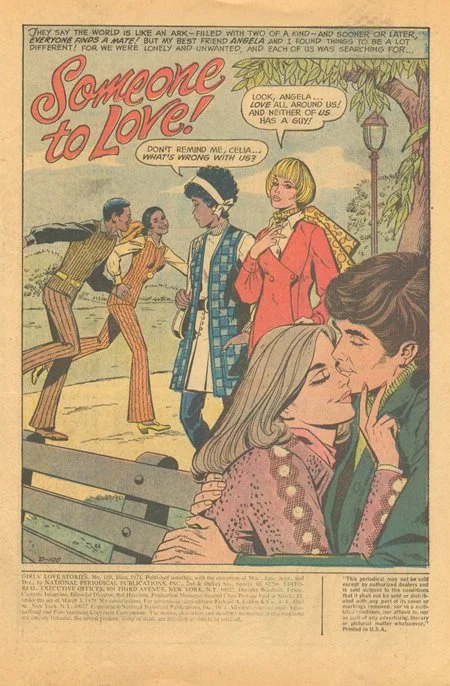 Notice the guy in the background who appears to be ice skating... on land. None of that matters though, when you are the proud owner of a belted sweater! Girls’ Love Stories #159 (May 1971).