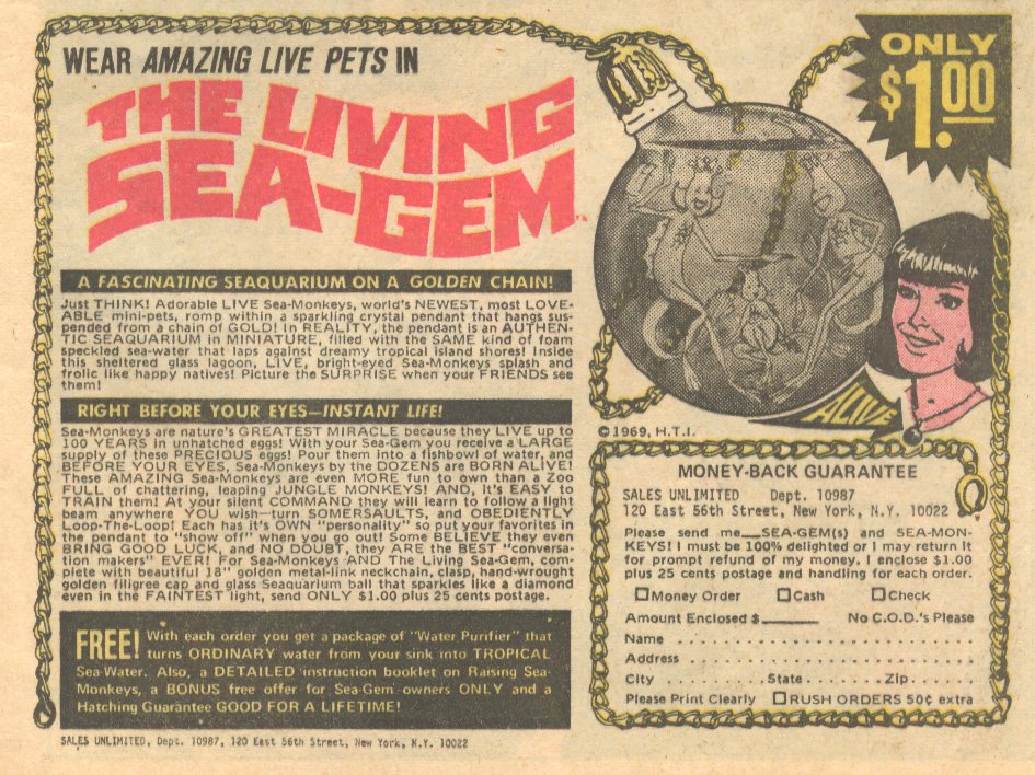 The Living Sea-Gem Sea Monkeys Ad 1960s Necklace