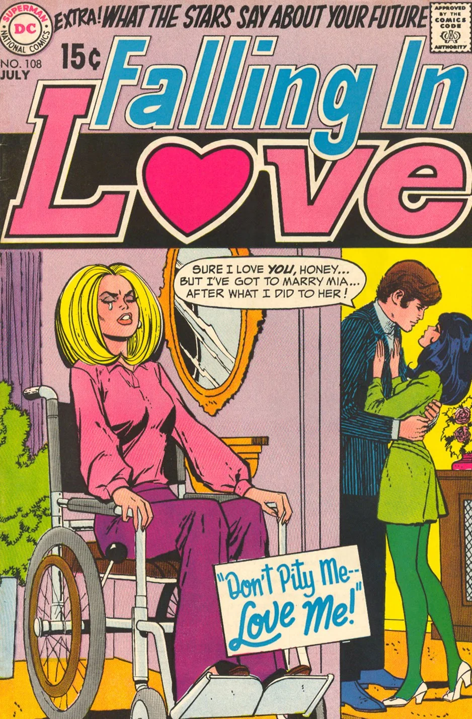 DIAGNOSIS: Paralysis from car accident "Don't Pity Me -- Love Me!" Falling in Love #108 (July 1969) Cover pencils by Ric Estrada, inks by Vince Colletta