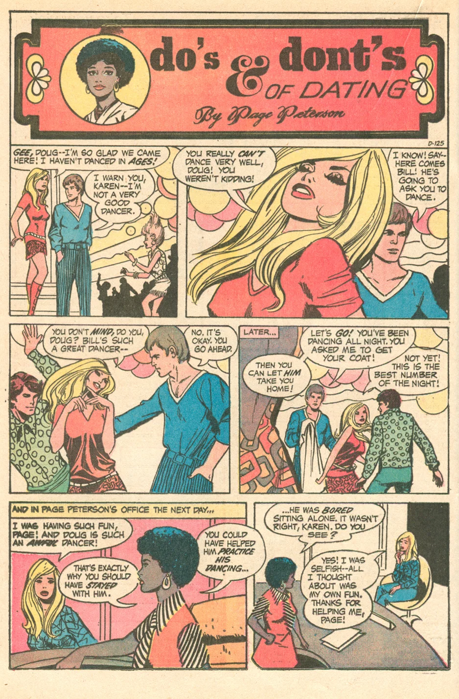 "Do's & Dont's of Dating by Page Peterson" Pencils: Steve Englehart , Inks: Vince Colletta Young Romance #174 (September 1971)