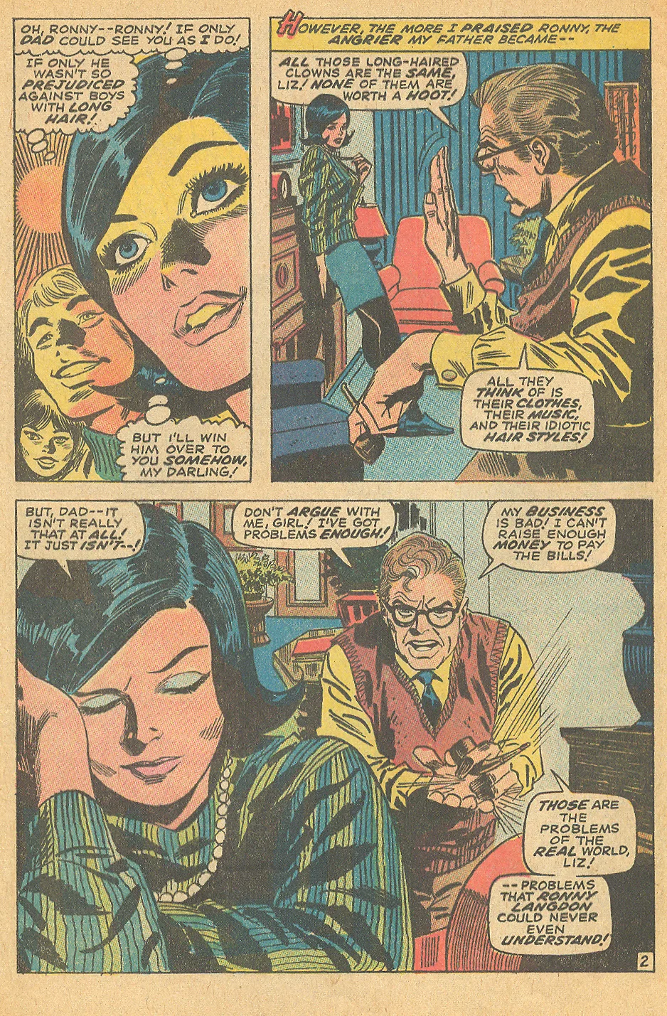 "His Hair is Long and I Love Him!" from My Love #5 (May 1970) by the creative team of Stan Lee, Gene Colan, and Frank Giacoia