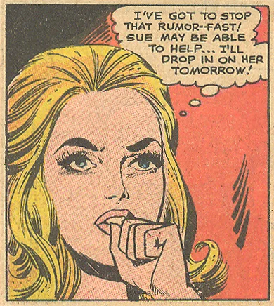 A thought bubble is complimented well by a little Mortimer fist, don't you think? "No Time for Love!" Girls' Romances #141 (June 1969)