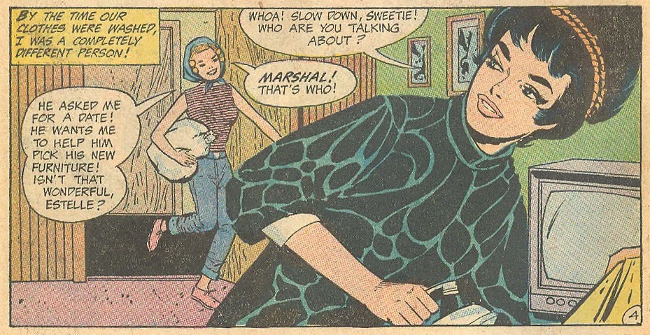 A tiny fist put to a more practical use -- ironing! "Too Beautiful to Be Lov ed" Girls' Romances #147 (March 1970)