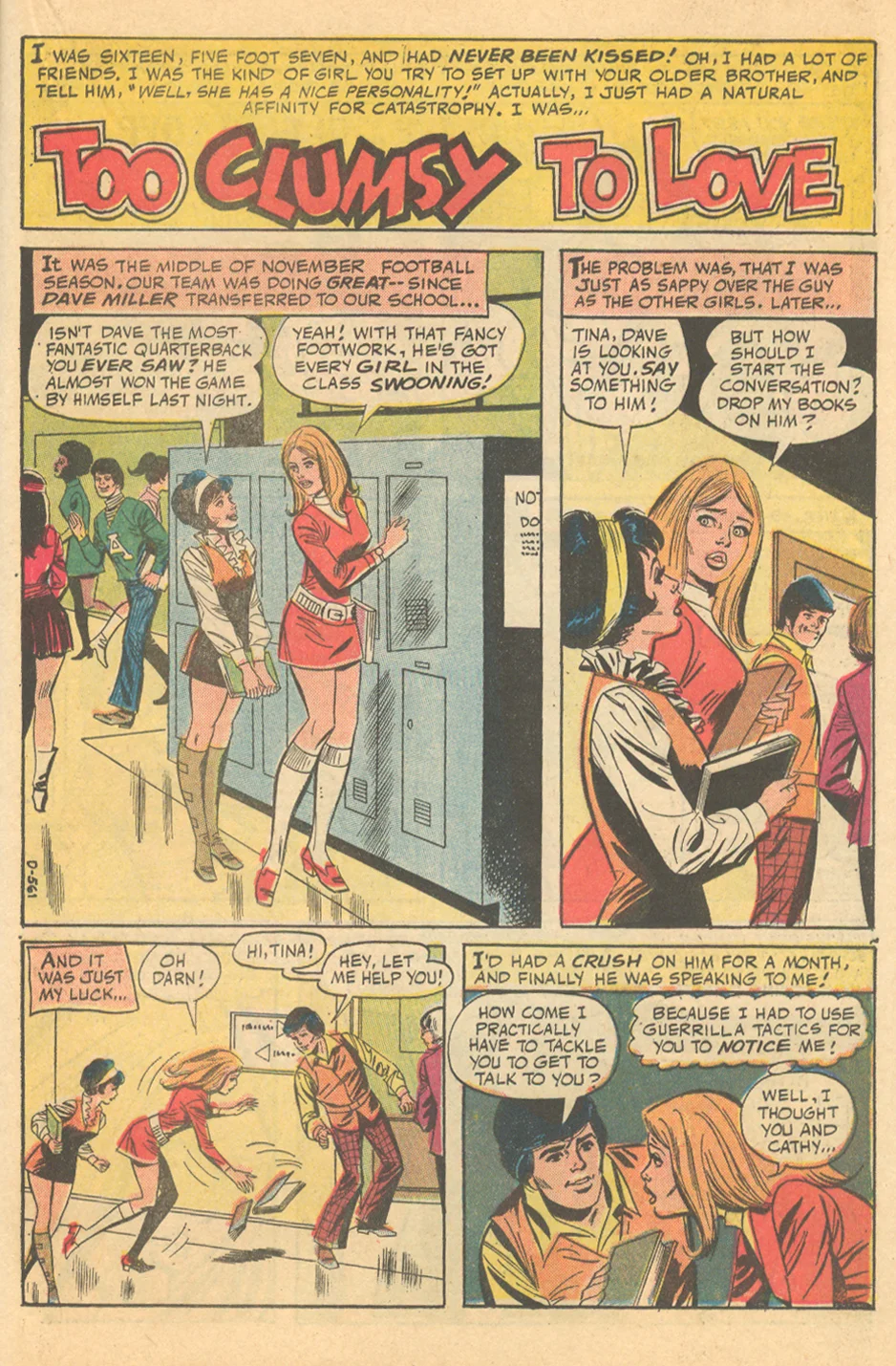 "Too Clumsy to Love" Girls' Love Stories #168 (April 1972)
