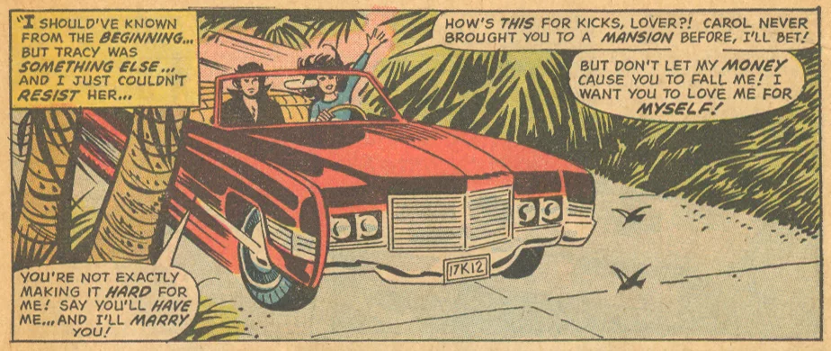 "The Game of Triangles!" Our Love Story #20 (December 1972) Cover art by Alan Weiss (pencils) and Frank Giacoia (inks), Story penciled by George Tuska and inked by Paul Reinman Story written by Joy Hartle