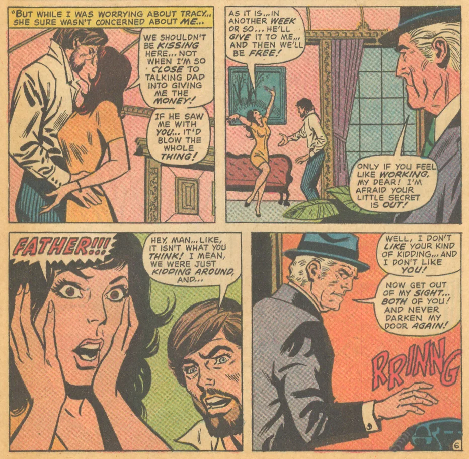 "The Game of Triangles!" Our Love Story #20 (December 1972) Cover art by Alan Weiss (pencils) and Frank Giacoia (inks), Story penciled by George Tuska and inked by Paul Reinman Story written by Joy Hartle