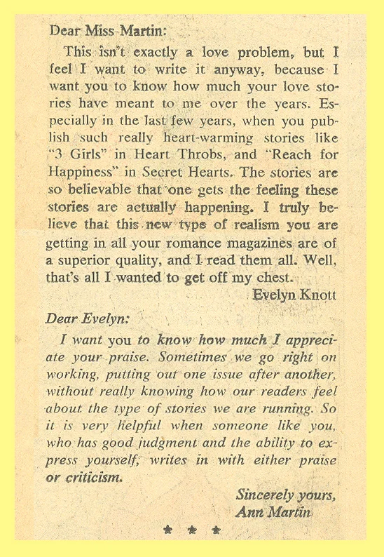 "Ann Martin Counselor-At-Love" Secret Hearts #121 (July 1967)
