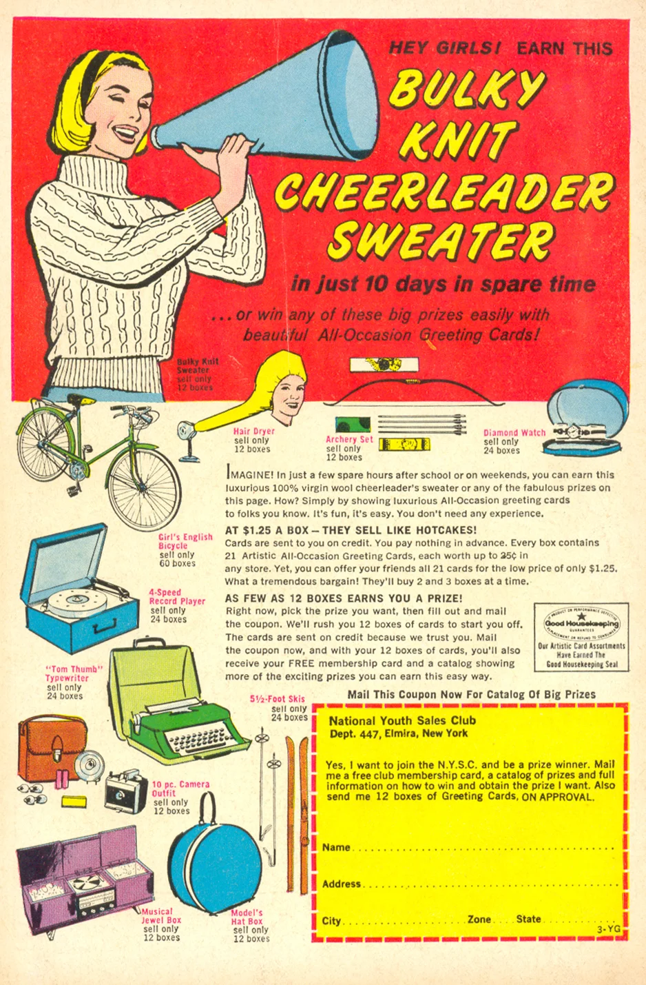 I love everything about this back cover ad! The colors, the illustrations, the prizes themselves! I wonder if anyone ever sold the 228 boxes of greeting cards required to win all the prizes?