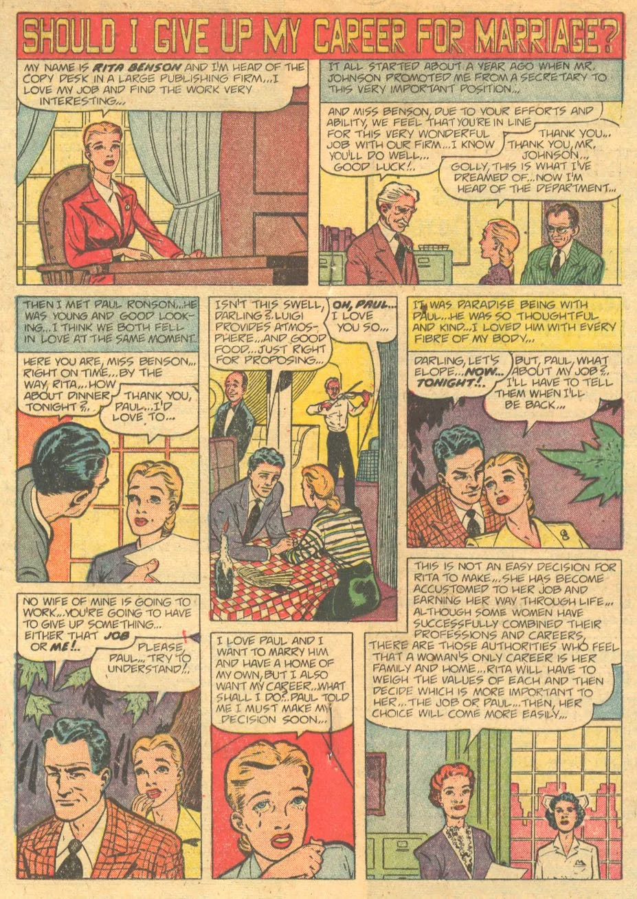 Some sequential advice, " Should I Give Up My Career for Marriage ?" from a 1952 issue of Love Problems and Advice Illustrated .