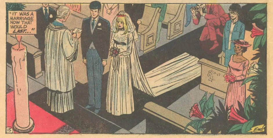 The story, "Doctor, Tell Me Why!" demonstrates that floppy hats were a very fashionable addition to any bridesmaid's ensemble in the 1970s -- so why not today? Heart Throbs #142 (June 1972)