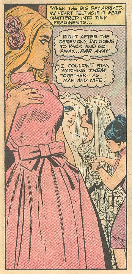 The bow detail is really nice on this one from "Never a Bride to Be" Falling in Love #117 (August 1970)