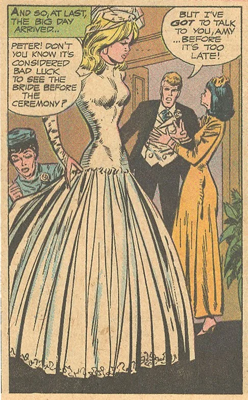 Hmmm, well pink is nice, but I just don't know if it is me -- What about orange? Not bad! "One Love Too Many" Falling in Love #107 (May 1969)