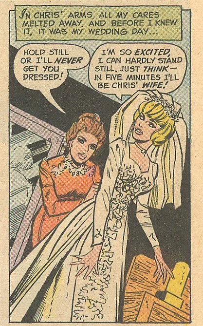 This dress from "The Lie" is pretty, but a tad matronly. Young Romance #172 (June/July 1971)