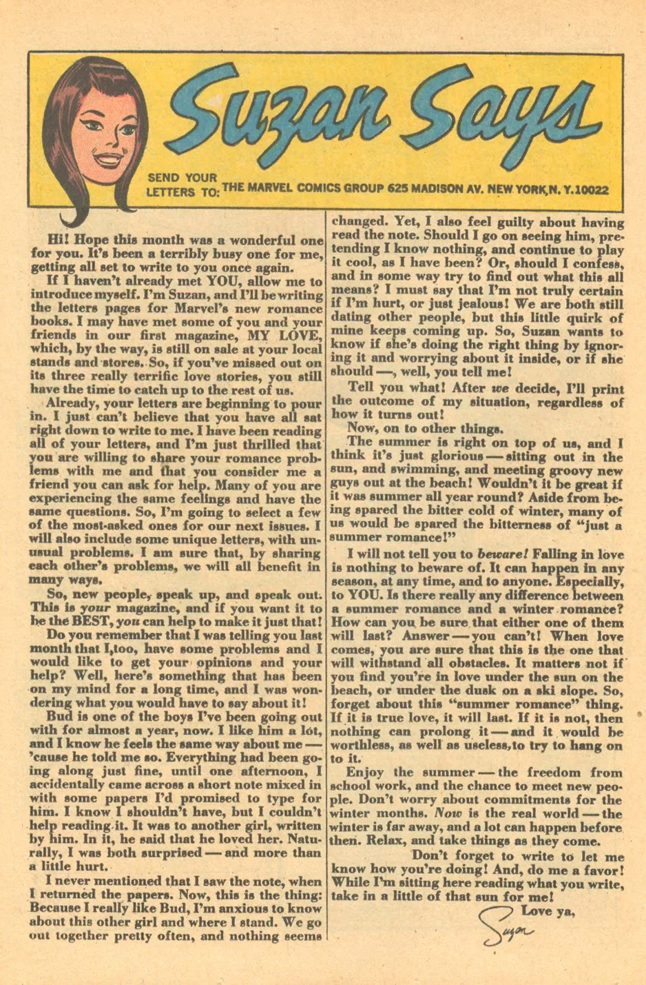 Suzan's first Our Love Story column Issue #1 (October 1969)