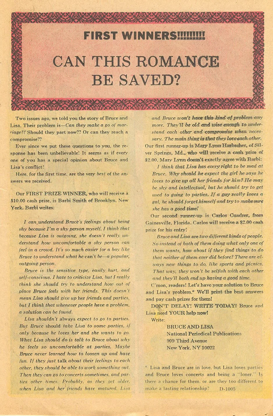 The results of the contest appeared in Girls' Love Stories #171 (July 1972)