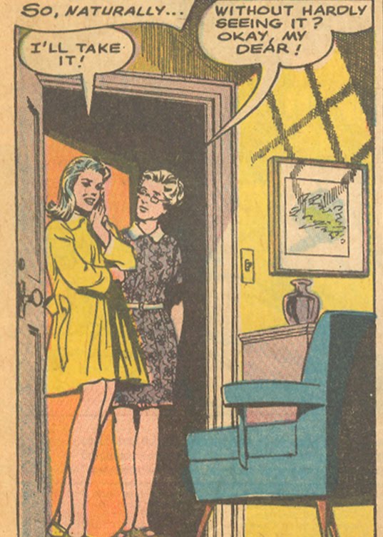 Little does Joan know, her new apartment in Greenwich Village doesn't have a closet! From "The Most Wonderful Boy in the World" Young Romance #150 (October/November 1967)