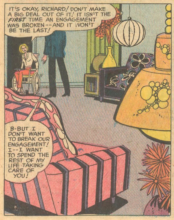 This groovy pad is wheelchair accessible! From "Don't Pity Me -- Love Me!" Falling in Love #108 (July 1969)