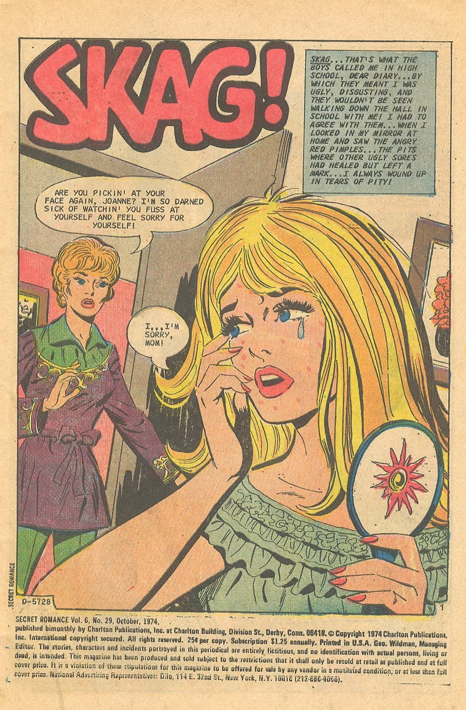 Charlton Secret Romance Story I was a teenage Skag romance comic books